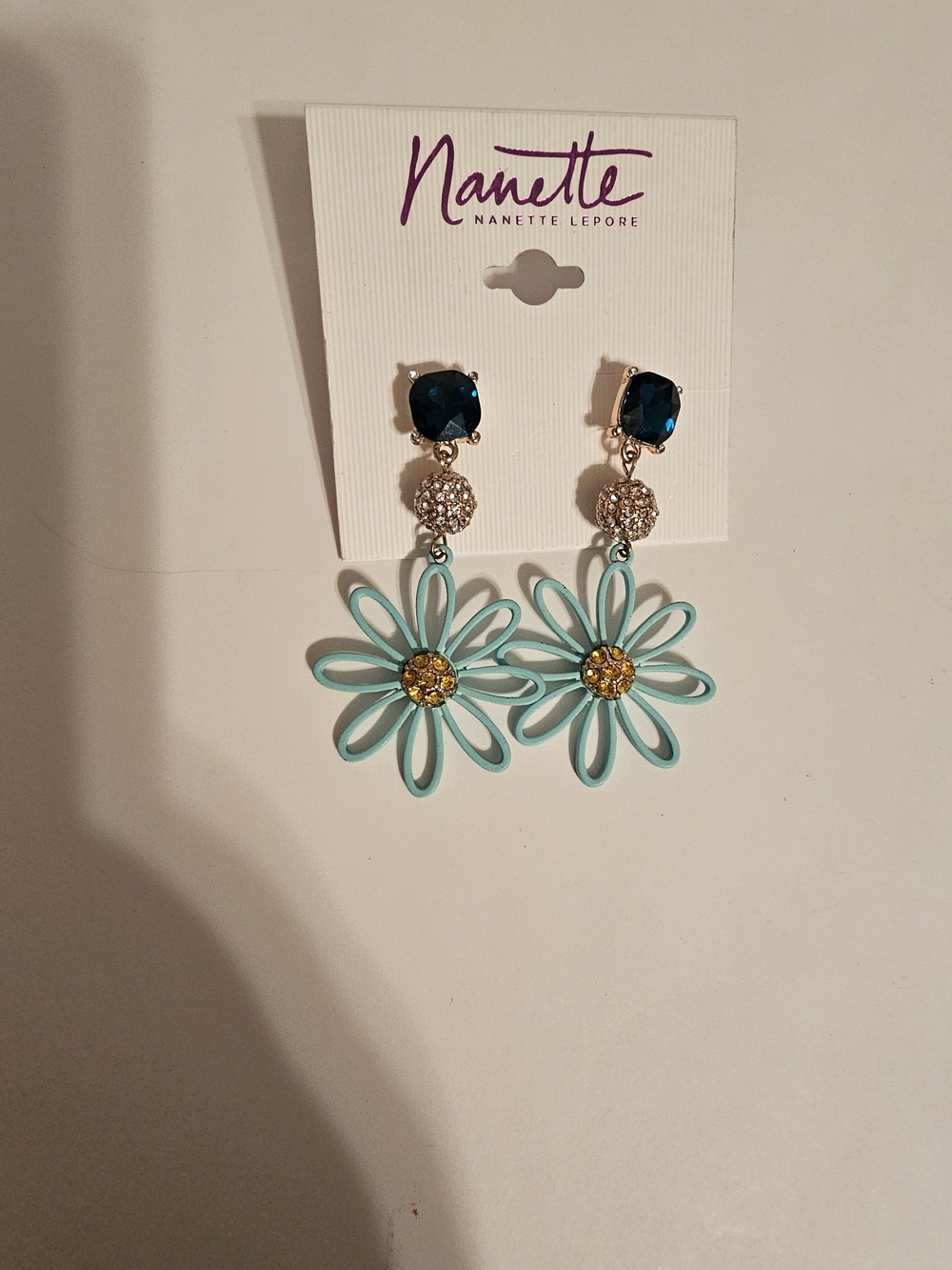 Nannette Blue Gem and Turquoise Flower Drop Earrings with Gold Centers